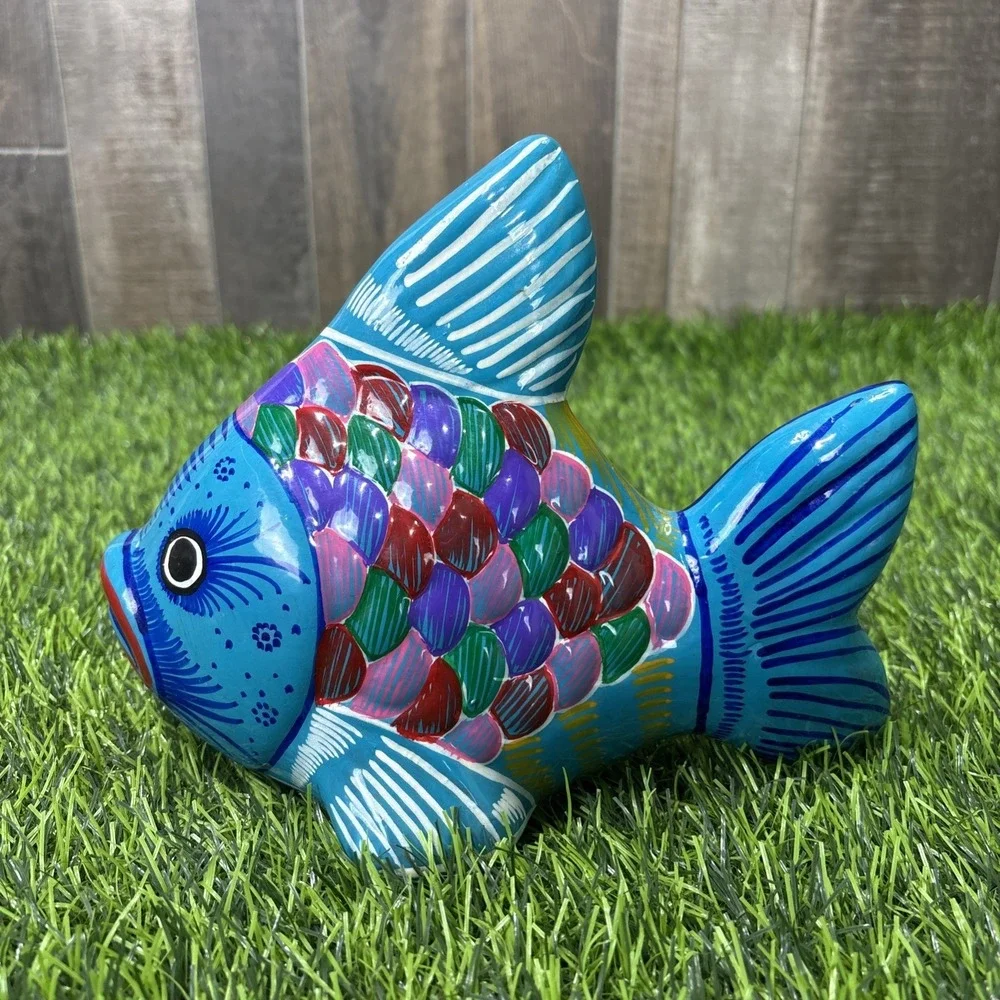 Vintage Hand Painted Ceramic Fish‎ Figurine Colorful Folk Art Coastal Decor